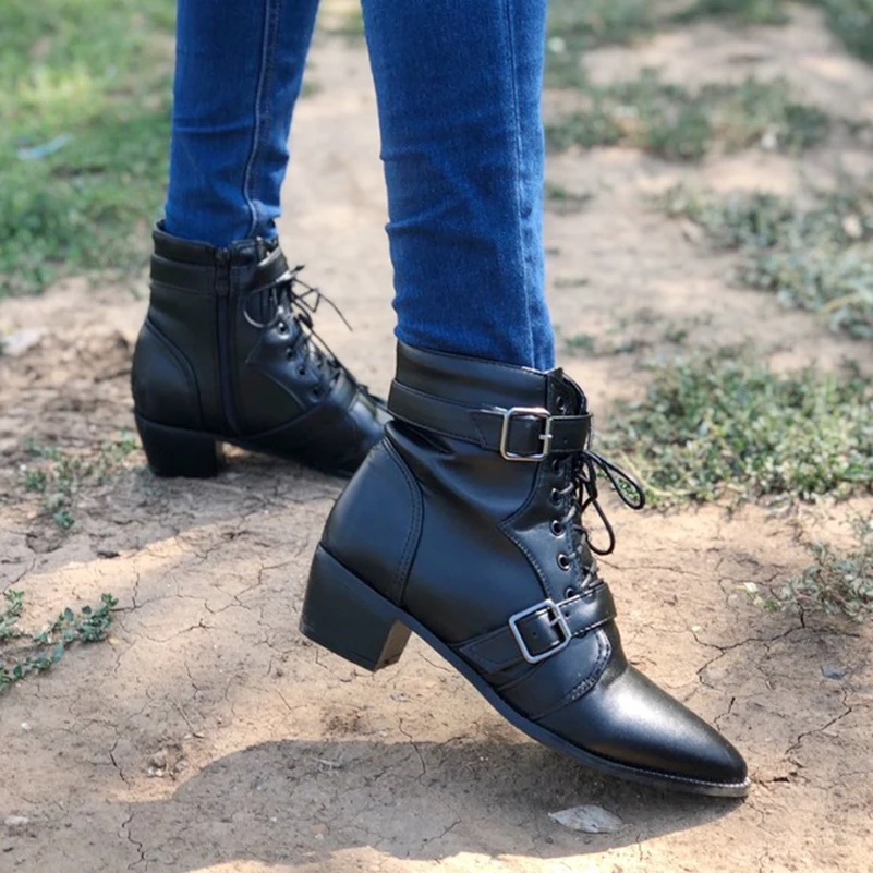 

Motorcycle Boots Women Pu Leather Boots Winter Rivets Tihck Heel Ankle Boots Buckle Short Boots Black Zip Fur Lady Shoes