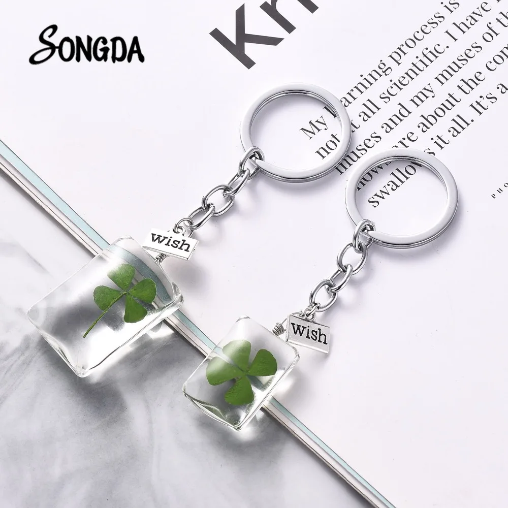 Hot Wish Label Design Natural Clover Keychain Lucky Four Leaf 