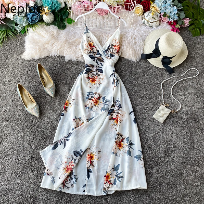 

Neploe Bohemian Holiday Camis Dress Women Print V Neck Sleeveless Camis Vestidos High Waist A Line Summer Beach Dresses 80837