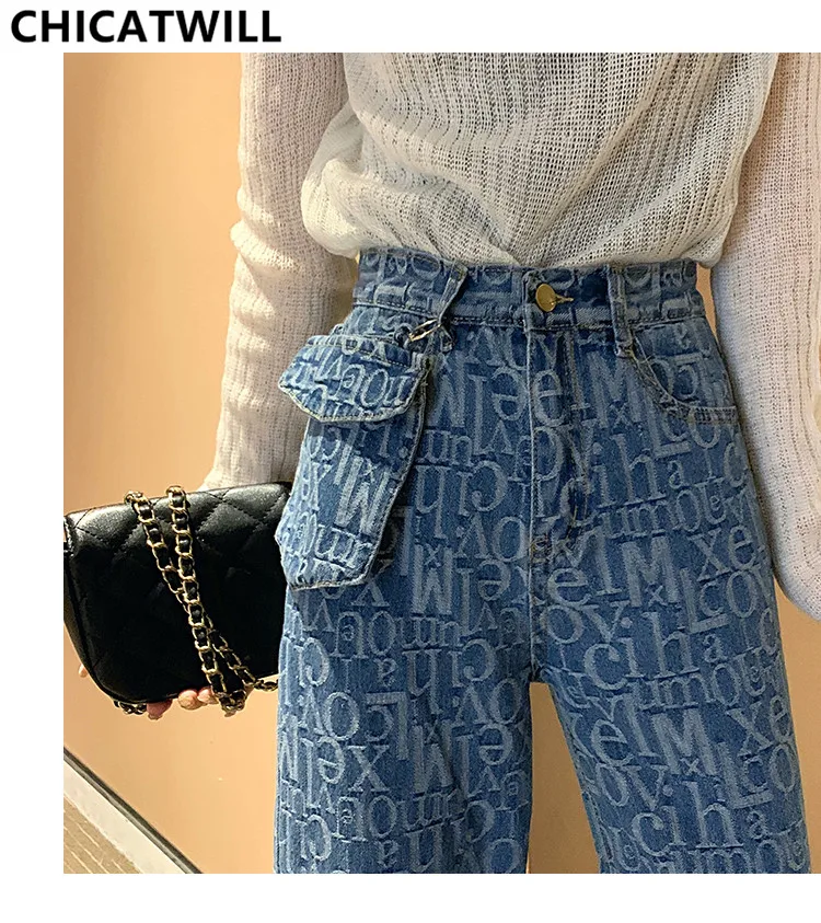 Harajuku BF джинсы с высокой талией, карманами, широкими штанинами, Женские Жаккардовые прямые джинсы с буквенным принтом, повседневные свободные штаны, Джинсы бойфренда для женщин
