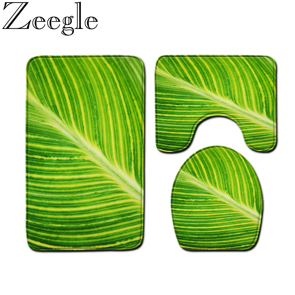 Zeegle 3PCS Green Toilet Seat Cover Bath Mat Set Absorbent Non-Slip Bathroom Rug Absorbent Bath Mat Set Flannel Toilet Floor Mat