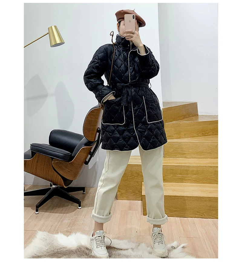 YNZZU Korean Style Spring Winter Mid-Long Light Women's Down Jacket Elegant White Duck Down Coat with Sashes Pockets A1391