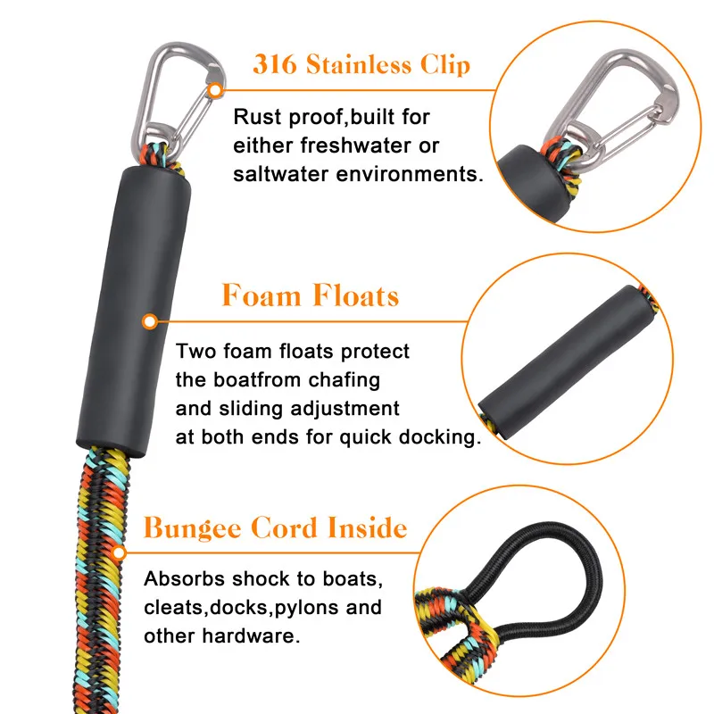 Top Bungee Dock Line Stretchable for Kayak, Jet Ski, Marine with Foam Float Stainless steel clip for boat dock rope 4ft 5ft 6ft