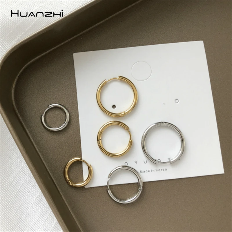 

HUANZHI 2019 New Fashion Hiphop Big and Small Round Metal Huggie Circle Hoop Stud Earrings for Women Men Party Jewelry