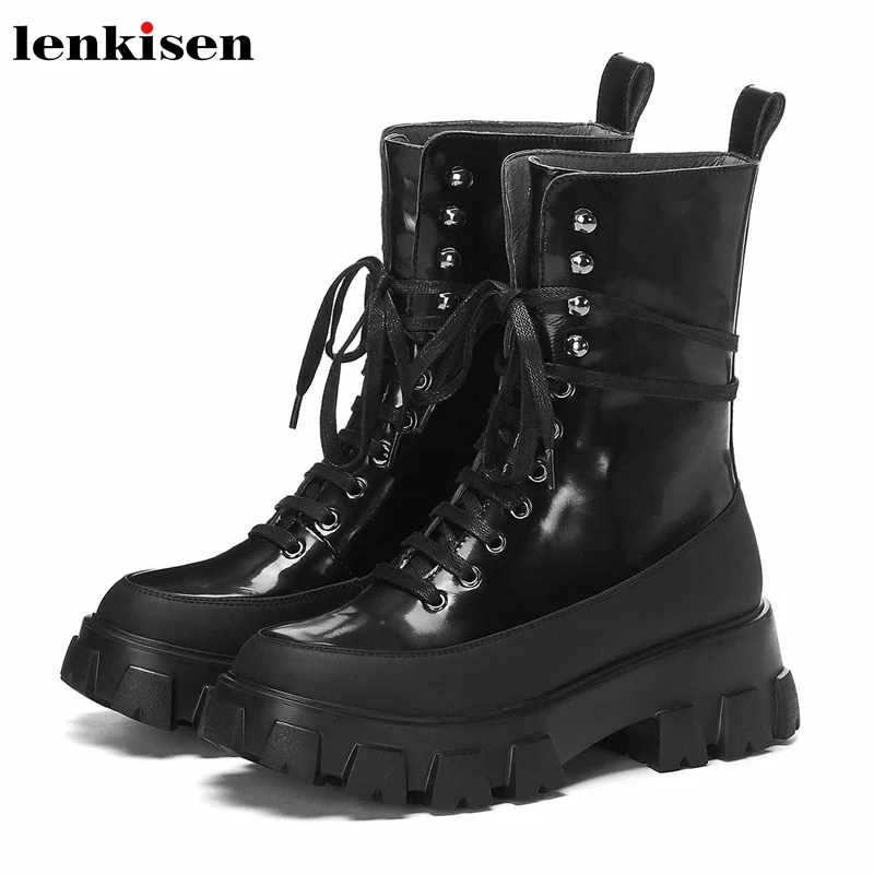 Новинка зимние ботинки Lenkisen из натуральной кожи с заклепками на шнуровке круглым