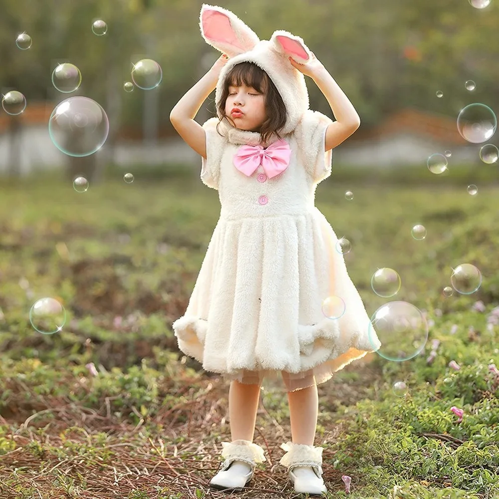 Girls Cartoon Animals Rabbit Costumes Kids Easter Bunny Dress with Hat Halloween Cosplay Costume Dress Up Outfit for Stage Party Girls Cartoon Animals Rabbit Costumes Kids Easter Bunny Dress with Hat Halloween Cosplay Costume Dress Up Outfit for Stage Party