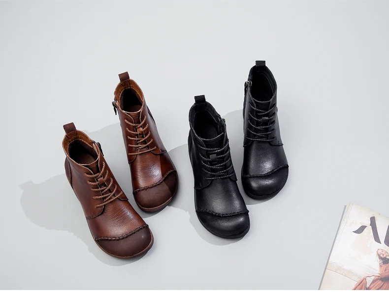 GKTINOO/Новинка года; женские ботинки из натуральной кожи; повседневные ботильоны на шнуровке в винтажном стиле; осенне-зимняя обувь с круглым носком на высоком квадратном каблуке