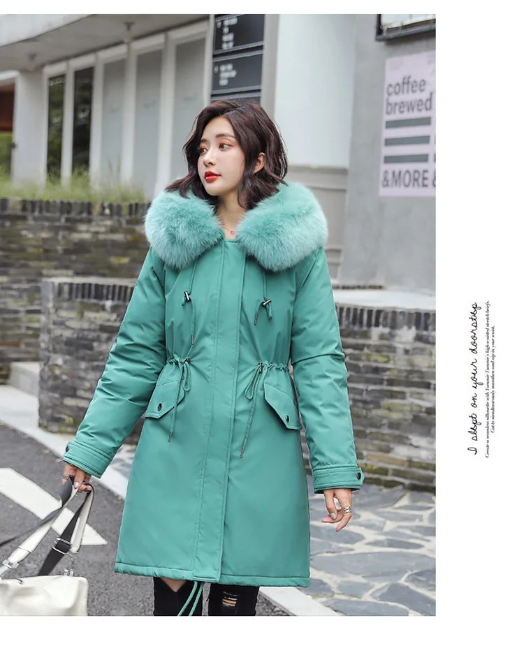 Winter Jacket Women with Fur hood Fashion Women's Faux Rabbit Fur Lining Hooded Long Coat Parkas Outwear Large Fur Collar - Цвет: Зеленый