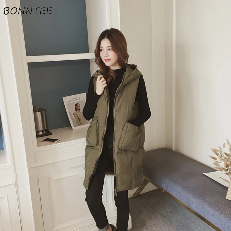 

Vests Women Long Trendy Elegant Thicker Zipper Casual Sleeveless Womens Plus Size Pocket Popular Winter Female Hooded Solid Vest