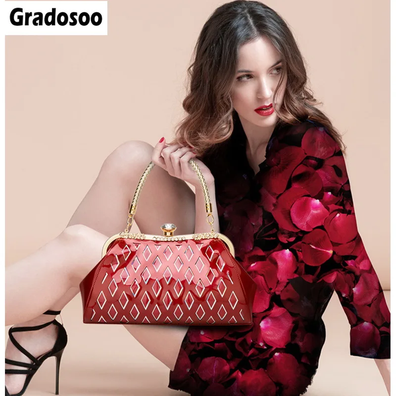 

Gradosoo Hollow Out Handbags Women Patent Leather Shoulder Bags For Women New Diamonds Design Top-Handle Bag Female Brand HMB646