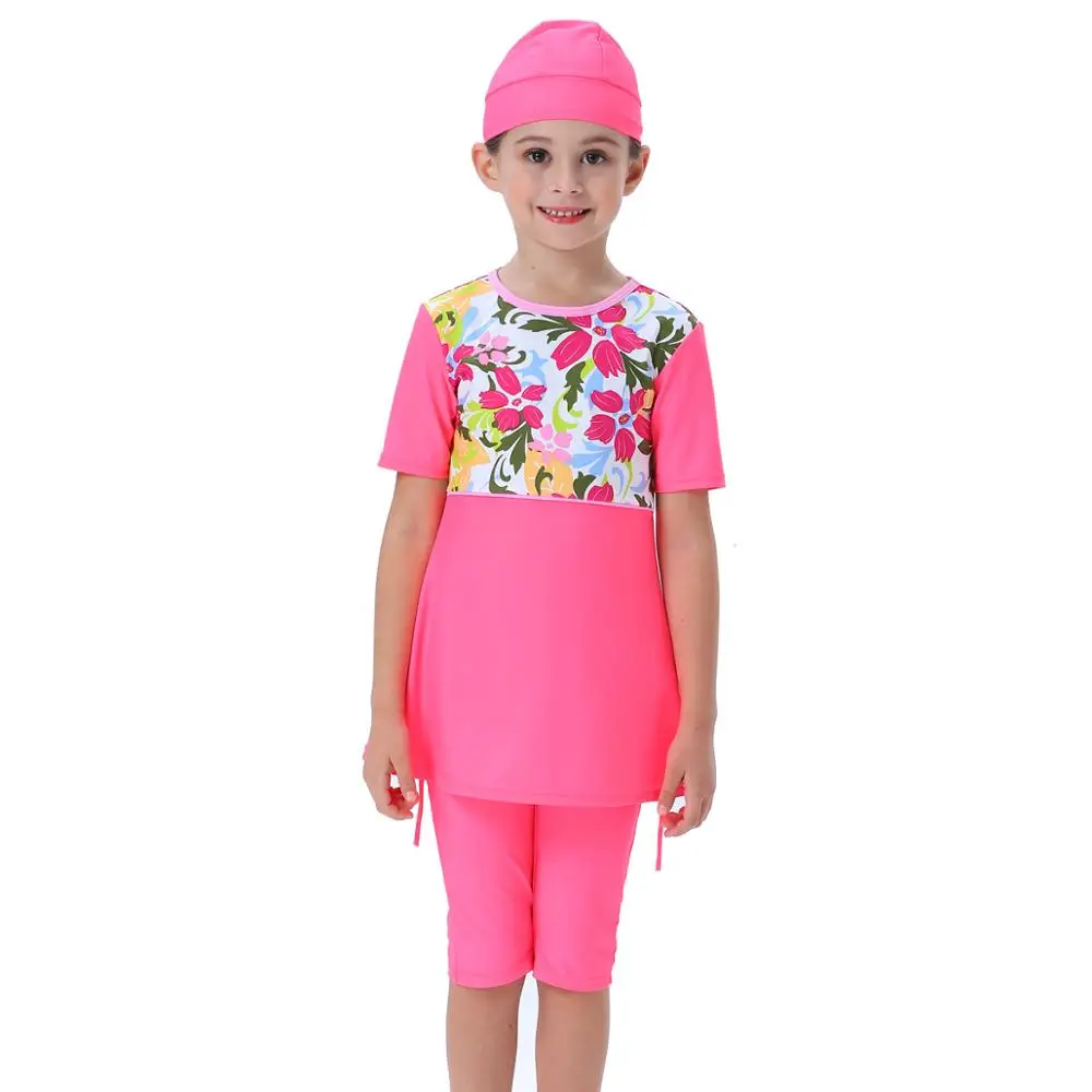 Girls Muslim Swimwears Islamic Children 3pcs Swim Shorts Diving Suits Arab Islam Beach Wear Swimming Swim Caps Burkini For Girl - Цвет: Красный