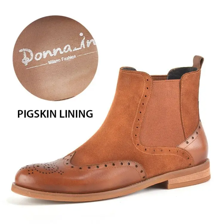 Donna-in/женские замшевые ботинки «Челси» из натуральной кожи; короткие плюшевые ботильоны из воловьей кожи на низком каблуке с перфорацией; эластичные слипоны; Botas; цвет коричневый - Цвет: Brown-pigskin