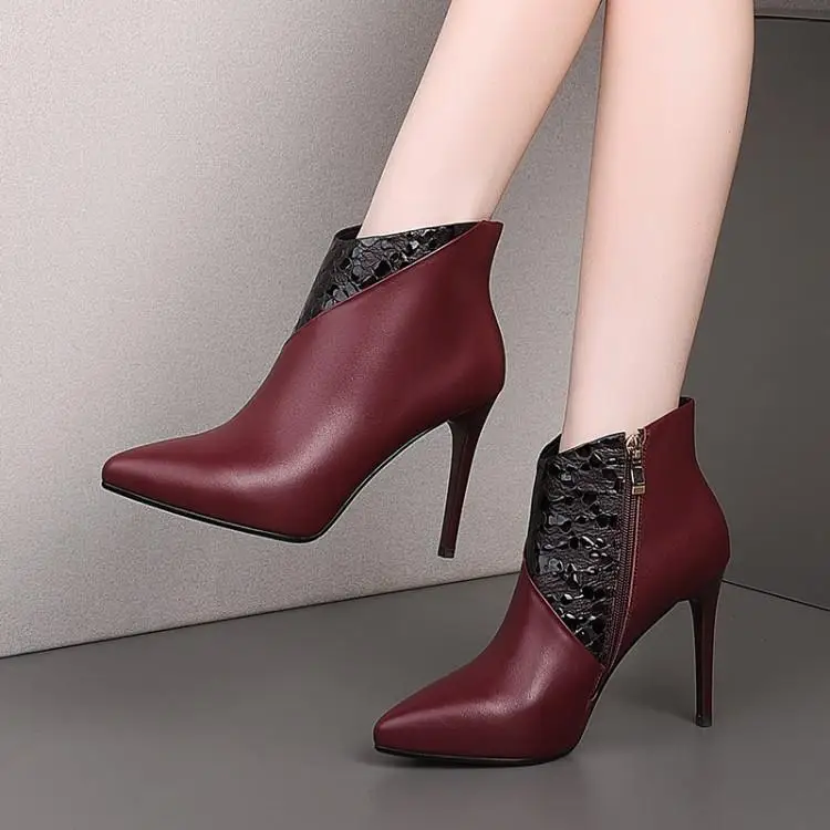 

Women's shoe leather pointed with ultra fine with autumn winter boots head layer cowhide bare ankle boots
