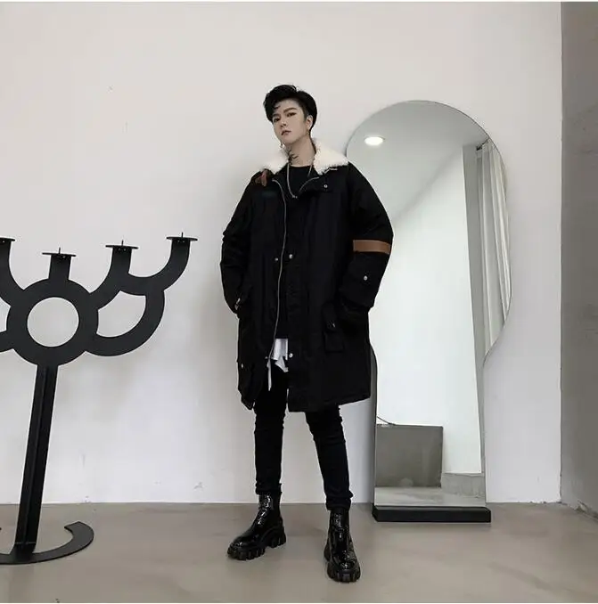 M-XL! Зимняя одежда индивидуального дизайна с несколькими карманами, мужская длинная куртка с воротником из овечьего меха, мужское Свободное пальто