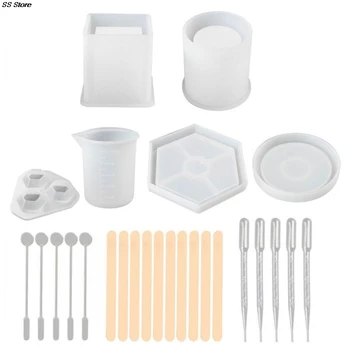 

1 Set Crystal Epoxy Resin Pen Holder Coaster Pendant Casting Silicone Mould with Droppers Stirrers Crafts Jewelry Making Tools