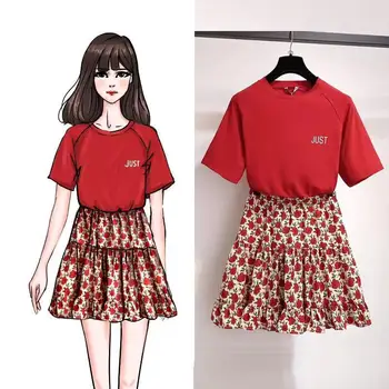 

ICHOIX Floral Tops And Skirt Set 2 Piece Women Outfits Red T-Shirt Mini Skirt Set Girl Korean Style Summer 2 Piece Set Clothes