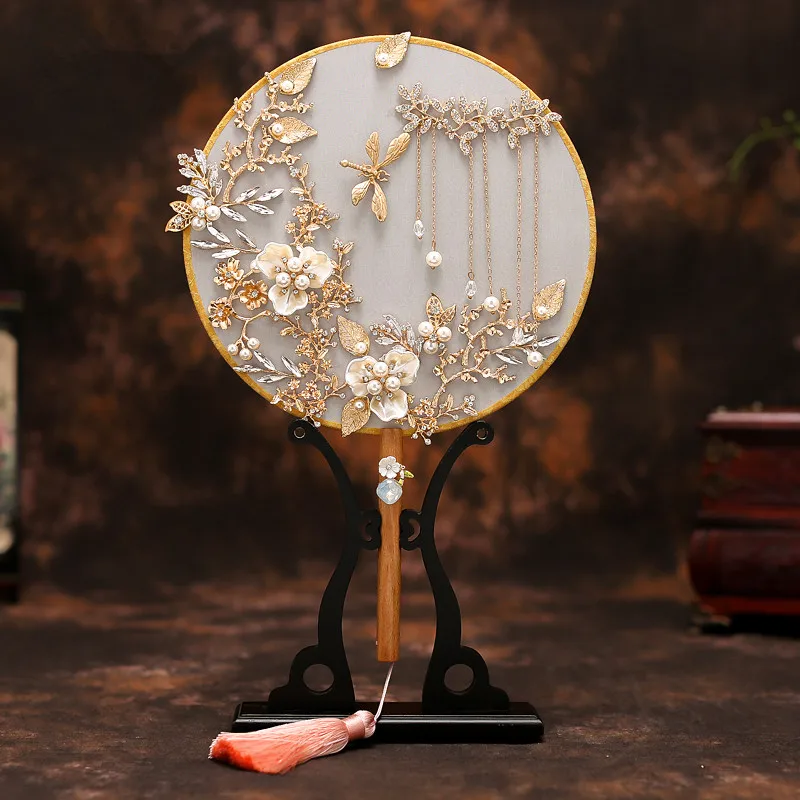 JaneVini роскошный бисерный китайский стиль золотые свадебные букеты веер ручной работы Цветы Жемчуг металлический круглый ручной вентилятор свадебные аксессуары