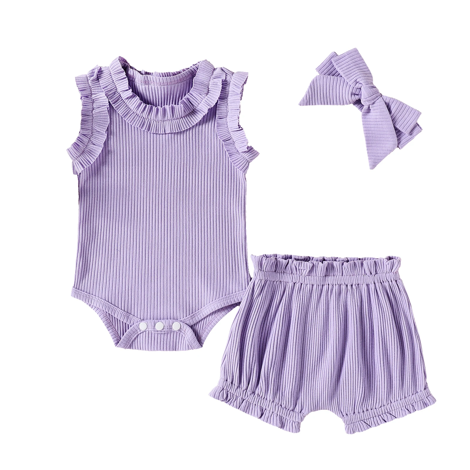Newborn Baby Girls Three Piece Set, Infant's Ribbed Knit Solid Color Ruffled Romper Stretch Shorts Bow Hair Band 0-18M baby clothing set essentials Baby Clothing Set