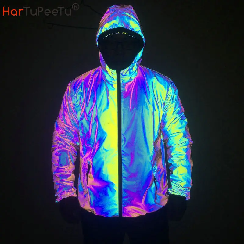 Men Sport Reflective Jacket for Night Runner with Mesh Lining Thin and Comfortable Rainbow Zipper Long Sleeve Hooded Coat