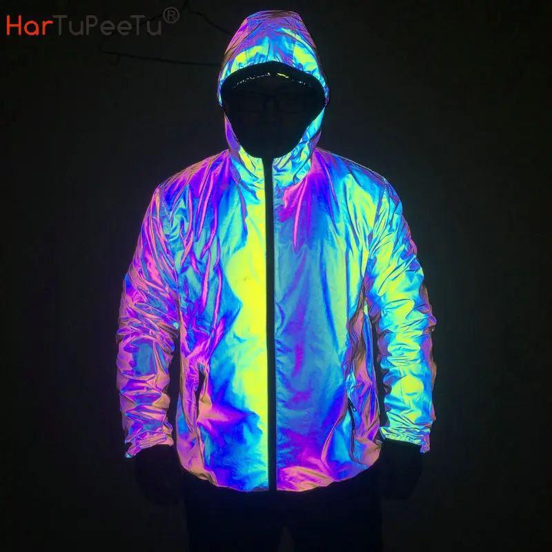 Men New Colorful Reflective Jacket Loose Large Size Rainbow Color Luminous  Hooded Jacket Hip Hop Street Singer Windbreaker coats - AliExpress