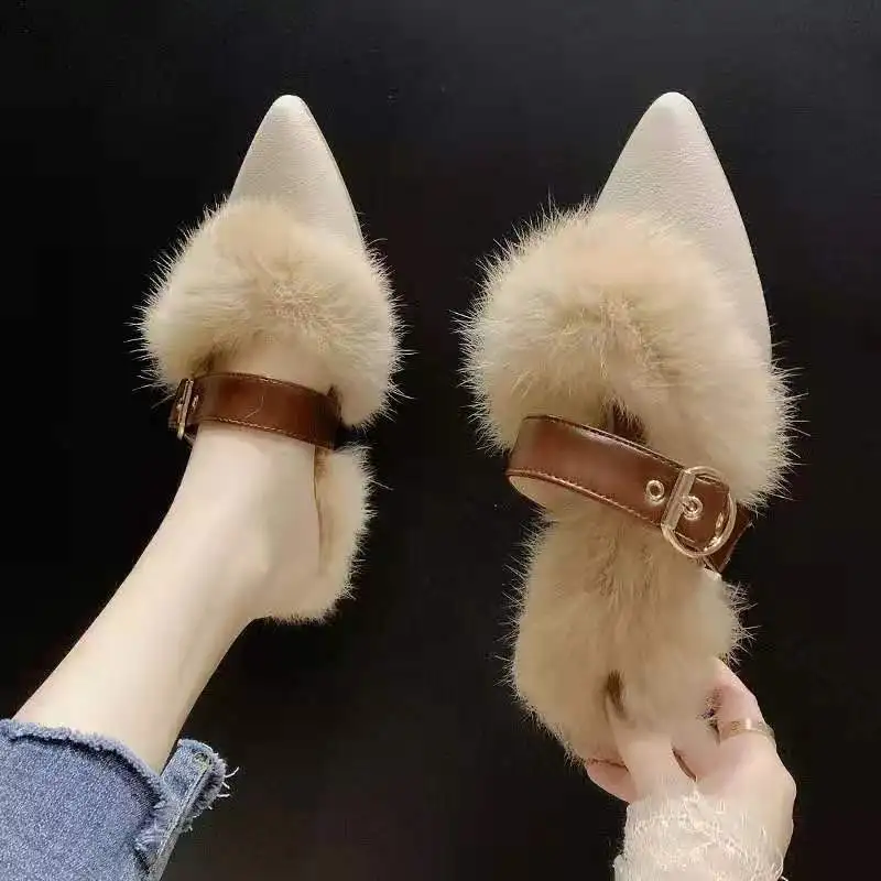 

Plush Slipper Women's 2019 Autumn And Winter New Style Chunky-Heel Retro Outer Wear Lazy Mules Shoes Fashion Closed-toe Semi-SLI