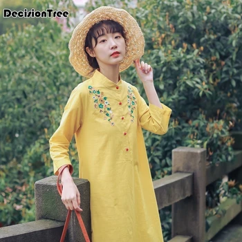 

2020 Chinese Dress chinese traditional dress mandarin collar split elegant dress cotton linen plaid cheongsam short sleeve qipao