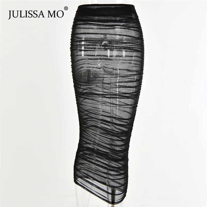 JULISSA MO красная длинная юбка женская сексуальная сетчатая прозрачная юбка-карандаш летние юбки с высокой талией облегающие плиссированные юбки faldas mujer moda