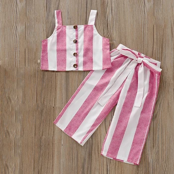 

Flofallzique Cotton Suits For Girls 2020 Branded Striped Sling Top And Trousers With Stretch Waist Summer Rural Style