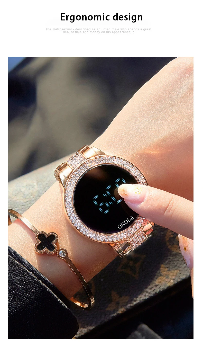 Fashion full diamond touch screen Led display ladies waterproof steel band quartz movement electronic watch business watch