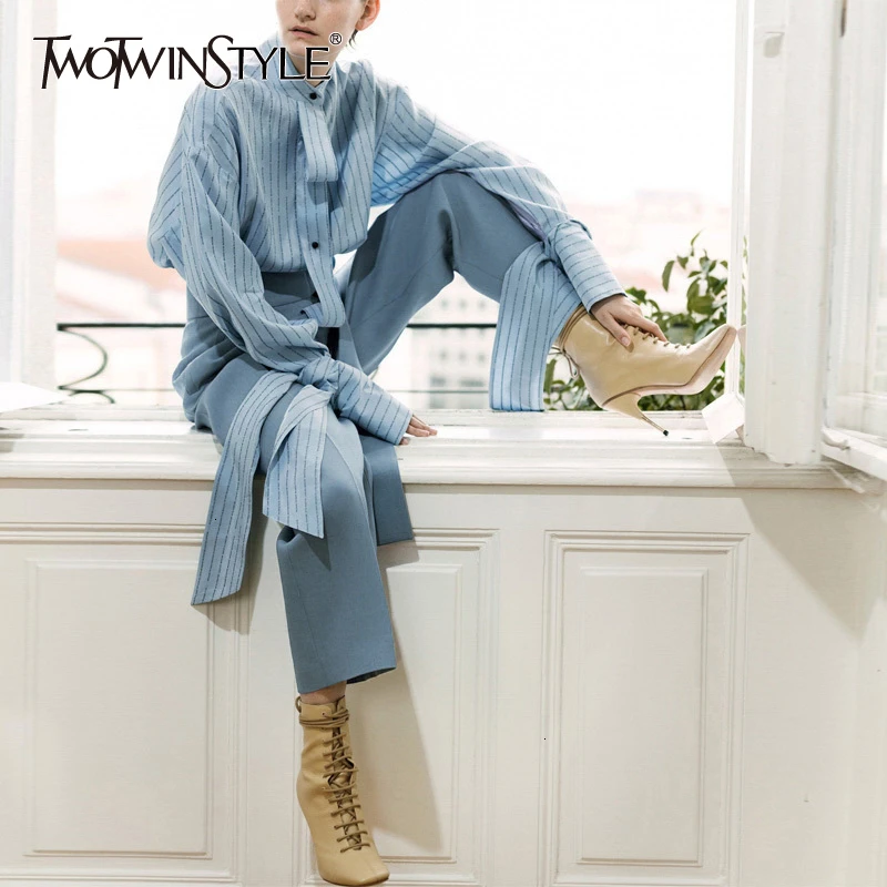 

TWOTWINSTYLE Striped Long Sleeve O Neck Lace Up Shirt High Waist Straight Pants Two Piece Set Female Fashion Autumn New 2019
