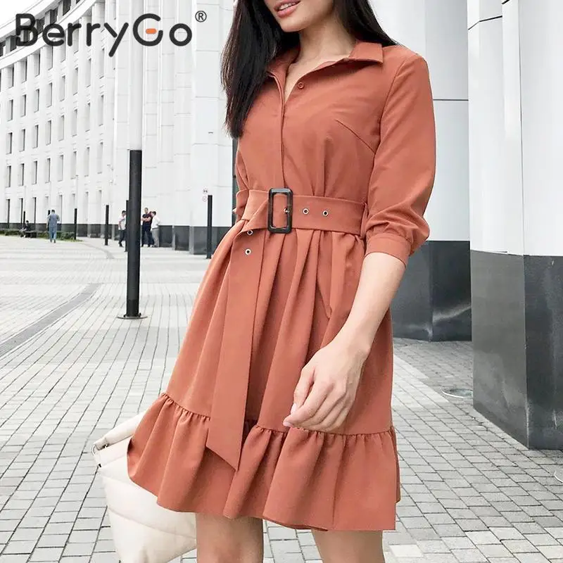 Женское офисное платье с поясом BerryGo повседневное ТРАПЕЦИЕВИДНОЕ ПЛАТЬЕ