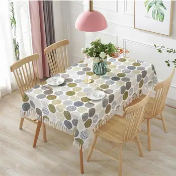 

Rectangle Table Cloth Banquet Wedding Circle Print Cotton Linen Table Cover Tablecloth Tassel Household Tabletop Protector