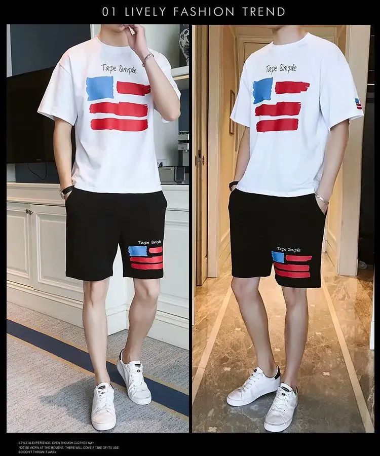 

Summer Loose-Fit MEN'S Short-sleeved T-shirt Shorts Two-Piece Set Collocation Casual Trend Students Clothes Social Set Men's