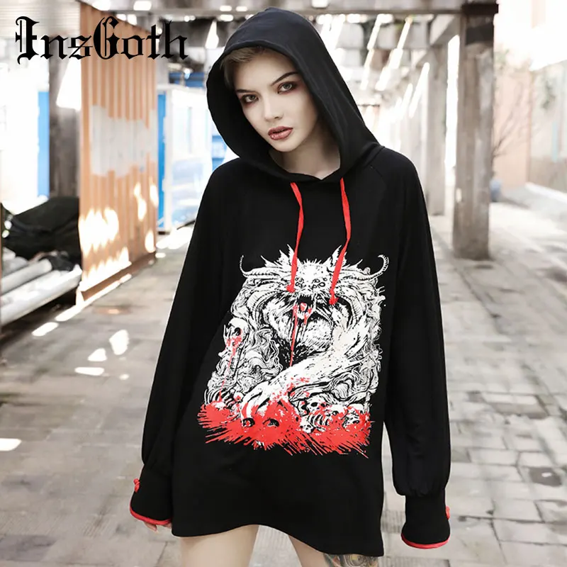 

InsGoth Harajuku Loose Black Women Hoodies Gothic Hip Hop Evil Skull Printed Hooded Pullover Women Hoodies Vintage Sweartshirts