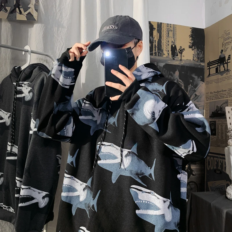 Hot sale Harajuku Shark print men's hoodie Loose Newness fashion high quality sweatshirt Korean version black hip hop streetwear Hot sale Harajuku Shark print men's hoodie Loose Newness fashion high quality sweatshirt Korean version black hip hop streetwear