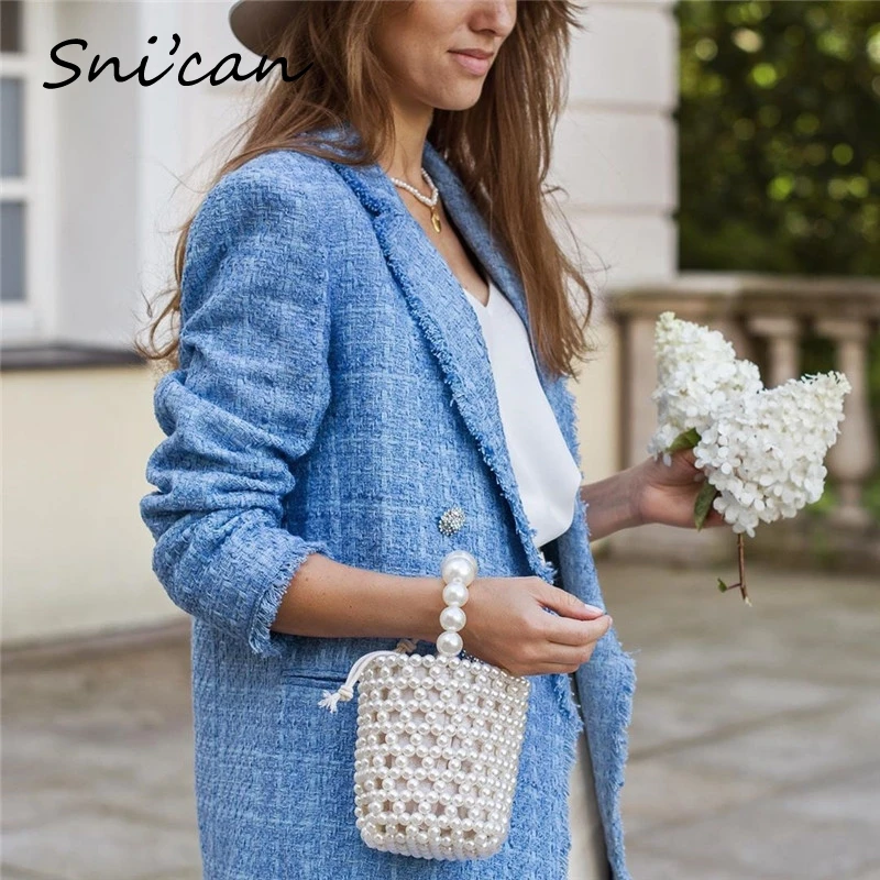Snican blue tweed plaid coat women vintage pockest double breasted autumn winter office ladies jacket coat female tops za 2020