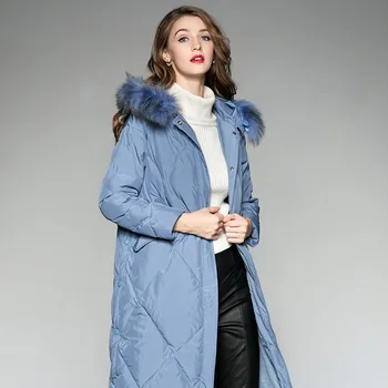 

Winter Parka Women Medium Length Fund 2019 New Thick Cotton Hooded Cap Fur Collar Wide-waisted Solid Black and Blue Warm Slim