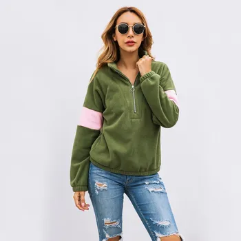 

Women Sweatshirt Autumn Constrast Color Lapel Long Sleeve Pullovers Zipper Casual Warm Loose Pullovers Top