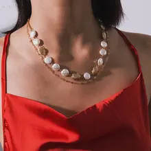AOMU, персонализированное жемчужное ожерелье в стиле барокко, многослойная металлическая цепочка, богемное ожерелье-чокер в виде ракушки с гребешком для женщин, ювелирное изделие