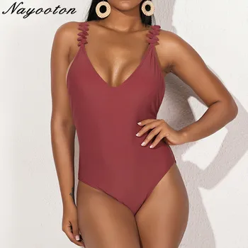 

Solid Wine Red Ruffled Trim One-Piece Swimsuit Sexy V-neck Straps Women Monokini 2020 Girl Beach Bathing Suit Swimwear