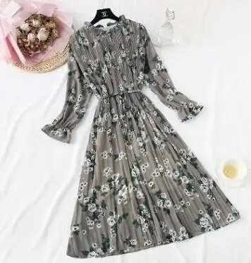 Темно-серый Vintage Chiffon Floral Midi Dress Plus Size Maxi Boho Dresses Elegant Women Party Seven-quarter sleeve Dress Vestido QV749 - Цвет: Темно-серый