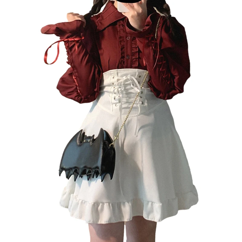 Elegant Fashion Black Mini Skirt Women High Waist Harajuku Gothic Kawaii Lolita Lace Up White Punk Vintage Bandage Short Skirts black anime gloves cosplay darkly ninja mitten oversleeve man women gothic sun block keep warm cuff lolita fingerless arm warmer