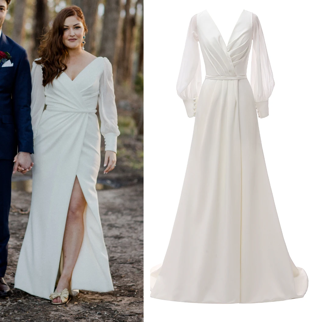 

Long Sleeves Backless Satin Wedding Dress High Slit Buttons Ruched Simple Real Photos Plus Size Sheath V-Neck Bridal Gowns