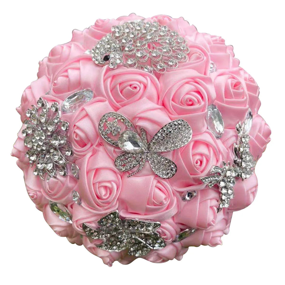 

Lovely PInk Silk Rose Flowers Crystal Wedding Bouquet Rose Flowers 18*25 Rhinestones Bridal Quincenaera Bouquets Country