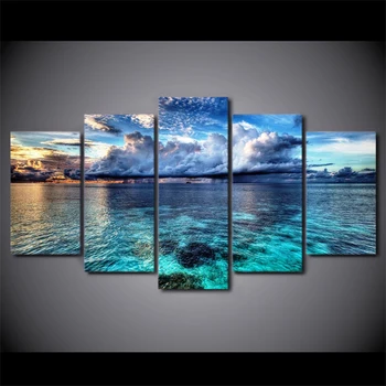 

5PCS Printed Painting Fiber Cloth Artistic Micro Spray Blue Sea Morden Beatiful Landscape Oil Painting Home Decoration Pictures