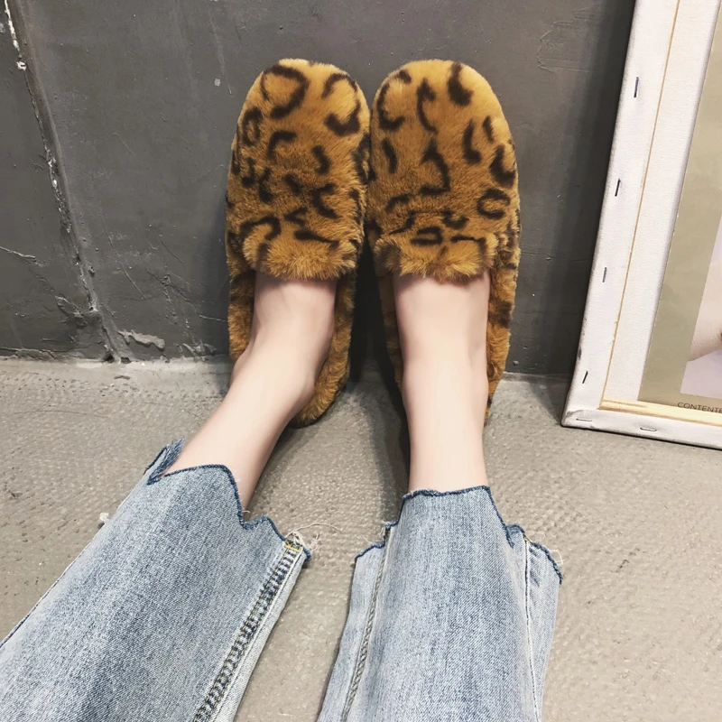 Celebrities leopard furry flats dowager outwear comfy shoes woman slip on plush warm moccasins ladies lazy femme loafers trendy