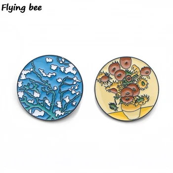 

20pcs/lot Flyingbee Van gogh sunflower Enamel Pin Cartoon Brooch Clothes Pins Badges for Denim Blouse Tie Pins Jewelry X0140