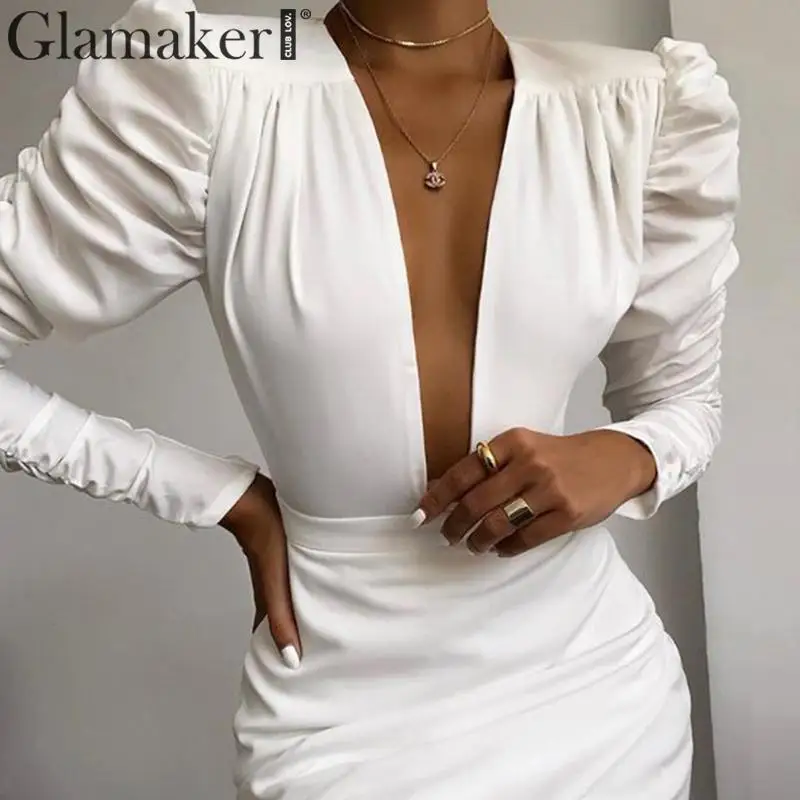 Glamaker плиссированное элегантное белое офисная одежда короткое платье женское с