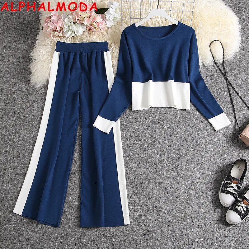 Женский вязаный комплект ALPHALMODA свободный свитер с длинными рукавами и широкие