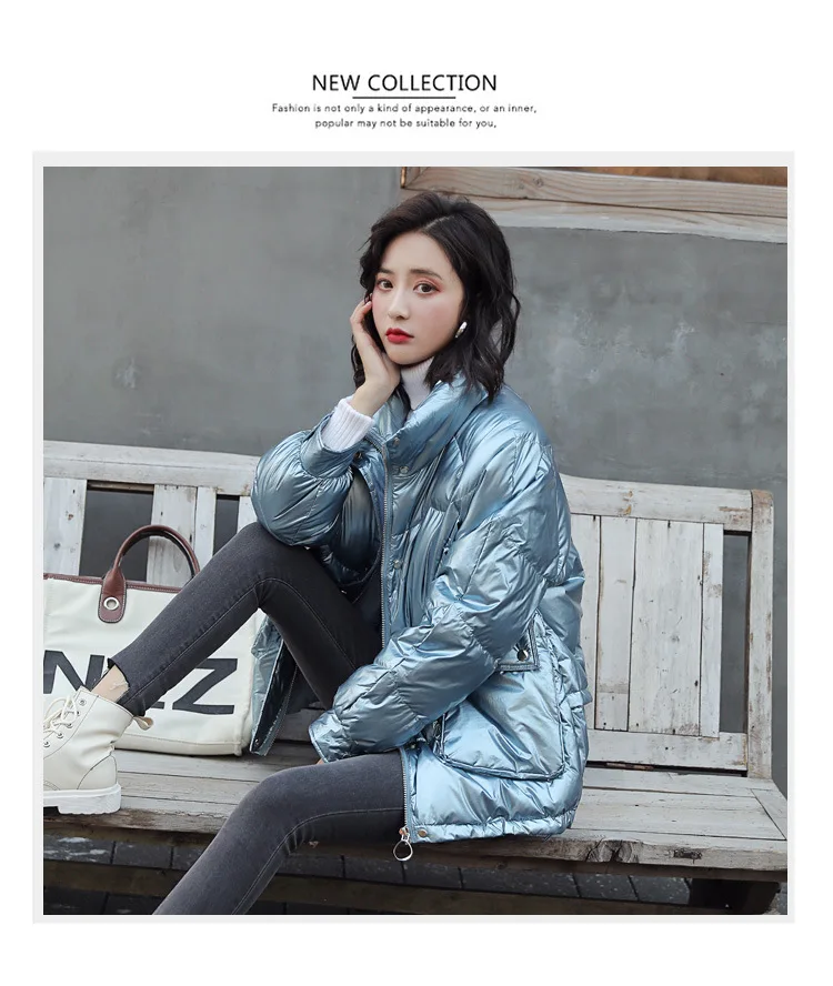 Stand Collar down Jacket Women's Short Winter New Style Short-height Loose-Fit Students White Duck down Warm Bright Surface